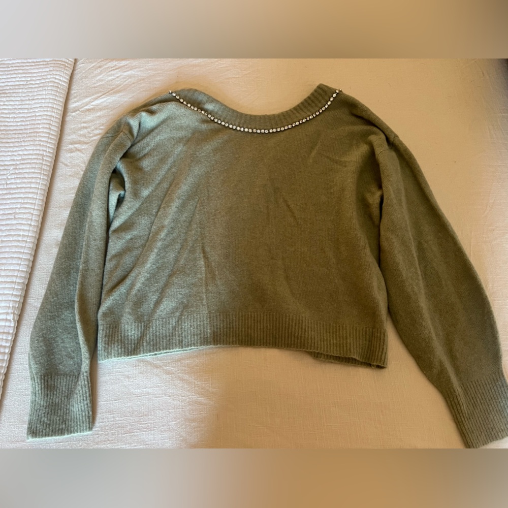 Express sage green sweater with rhinestone detail